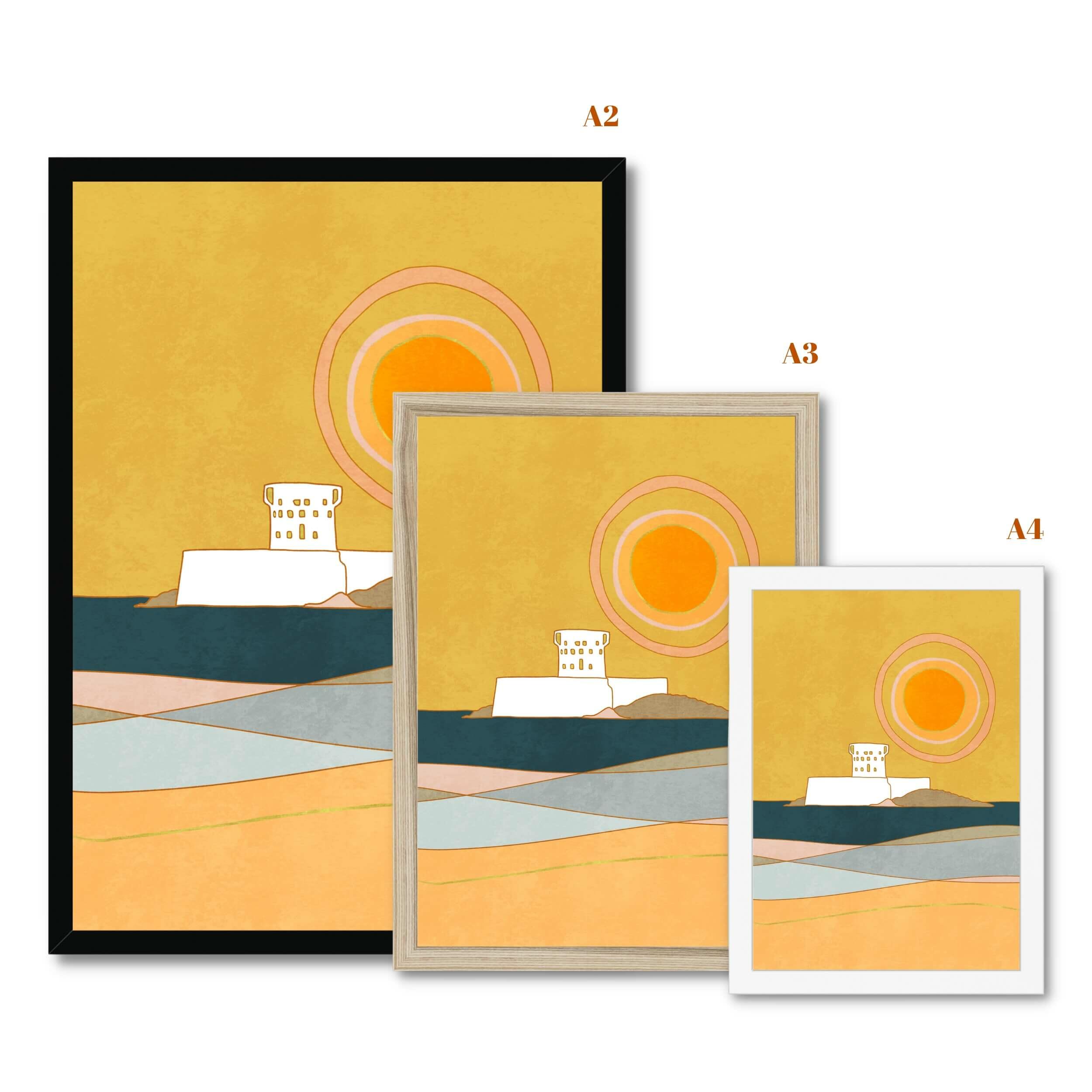 Side by side frame size and colour choices of La Rocco Tower print.  No border, Black, Natural and White frames.