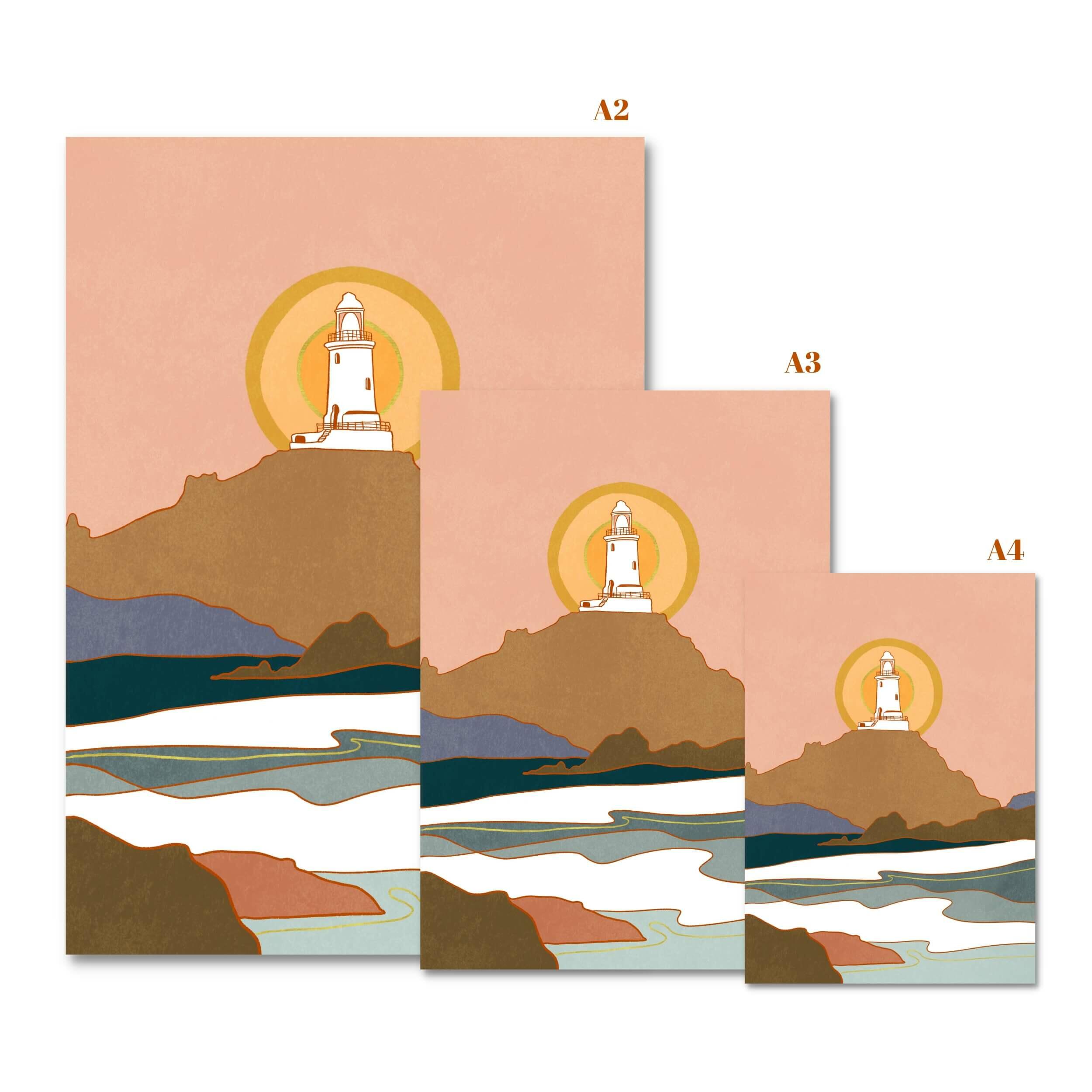 Three size options of Corbiere Lighthouse illustration side by side. No border.