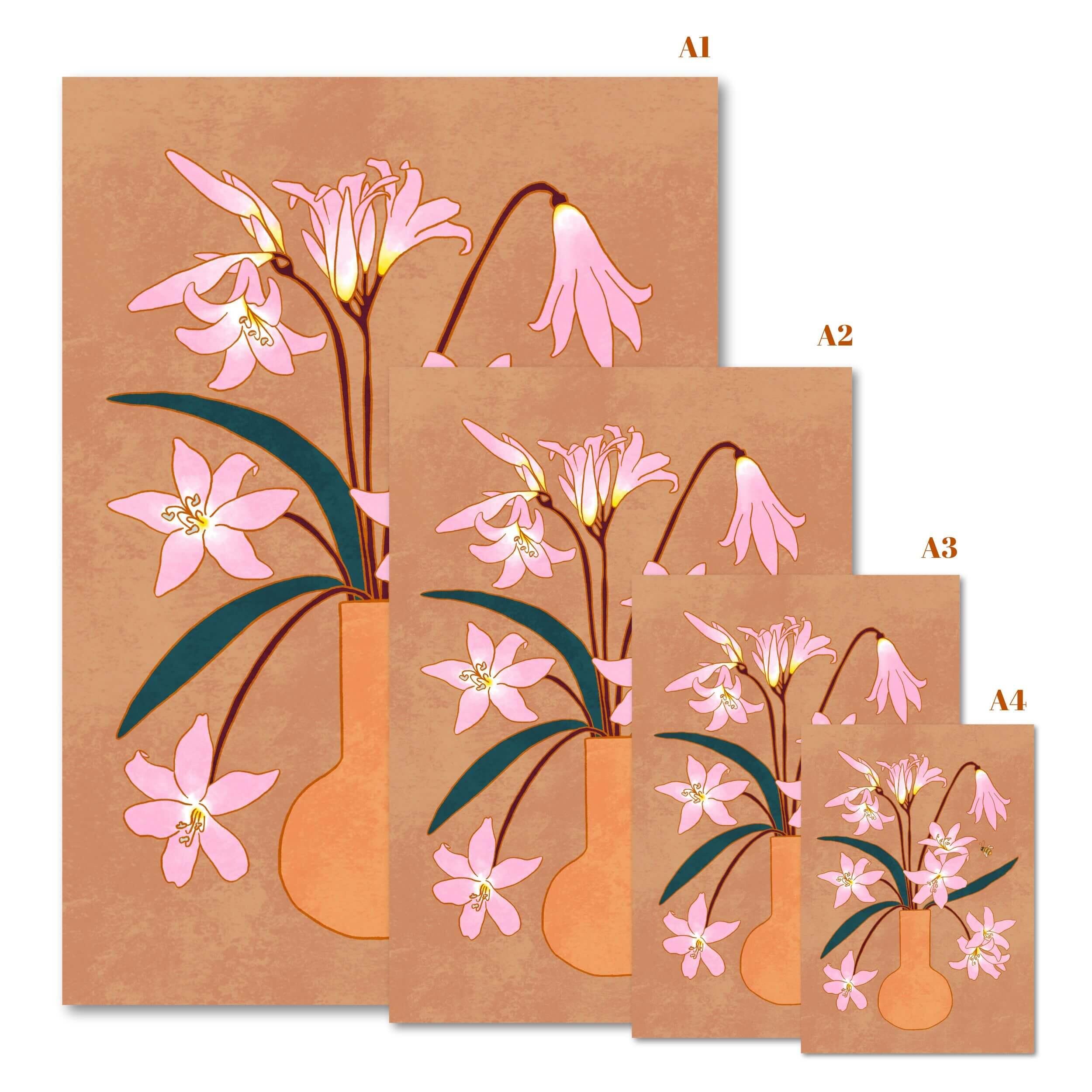 different sizes of pink lilies illustration