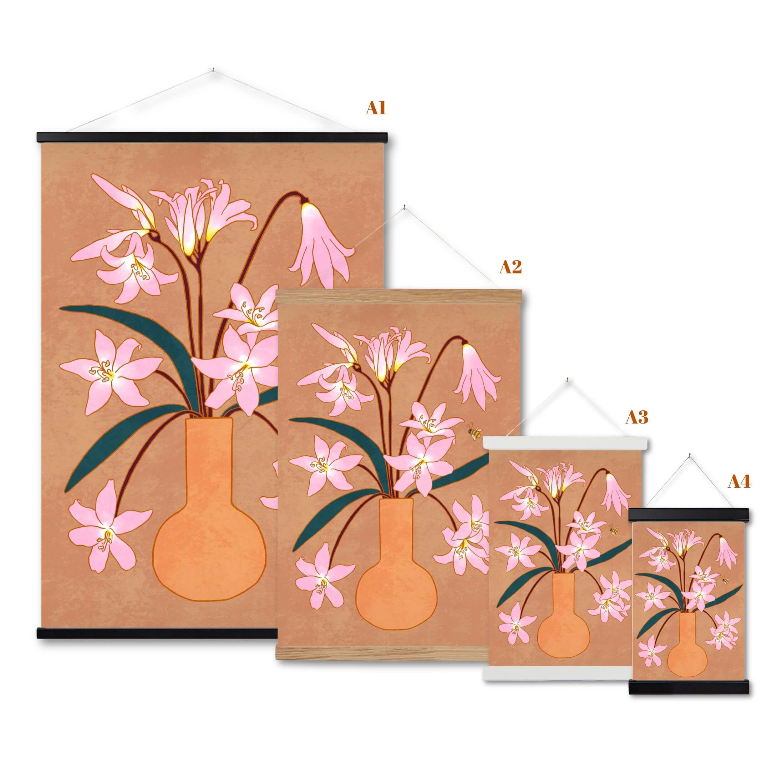 Different size and frame colour options of Jersey Lilies from A4 to A1 size