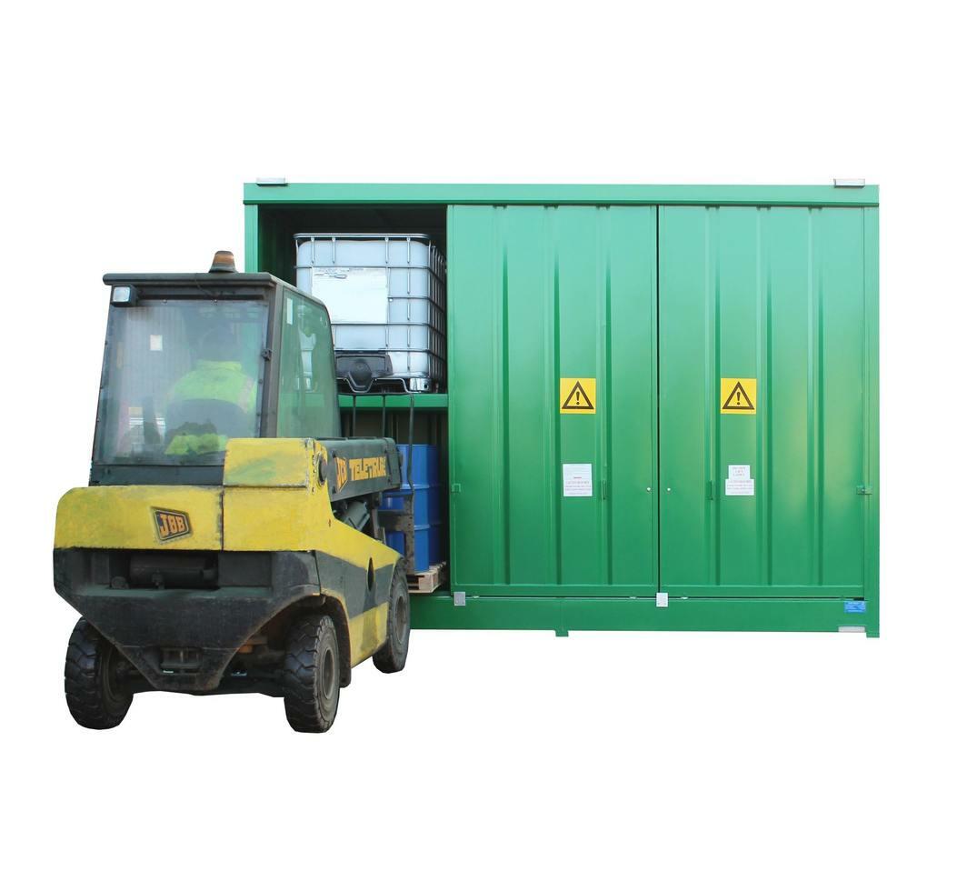 DPU24 6 Drum IBC Store pictured is a forklift loading IBCs into the Cabinet