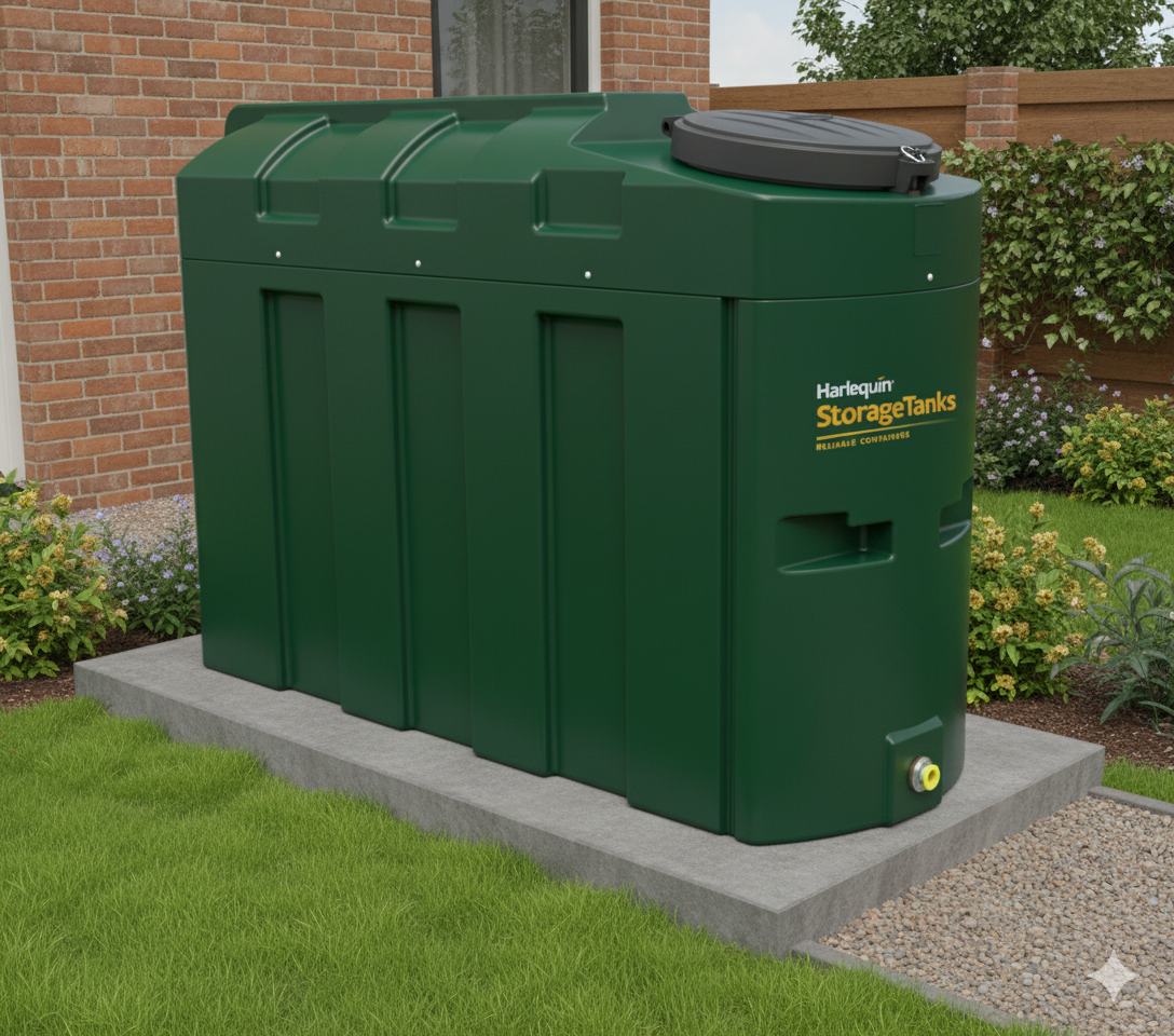 Harlequin 1000L bunded oil tank in a garden