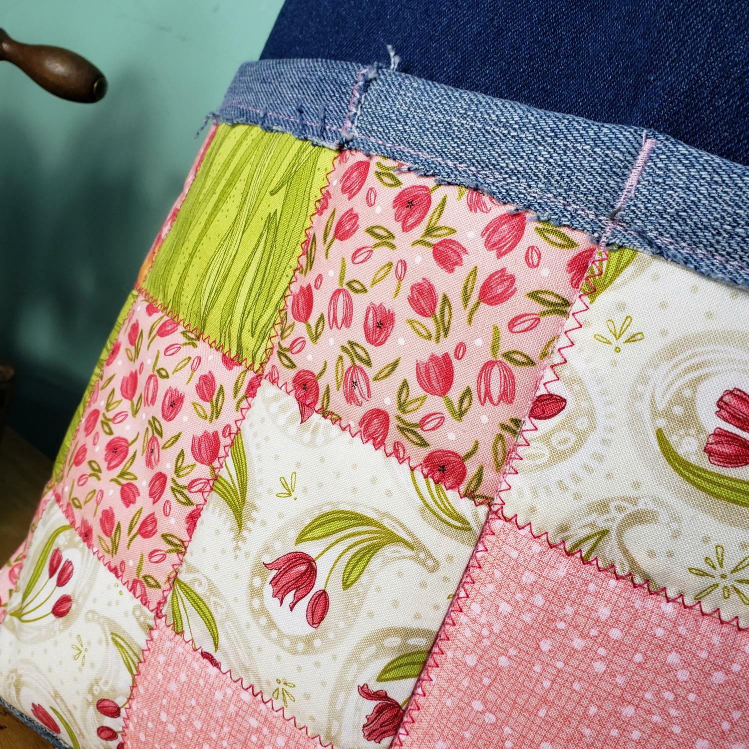 upcycled denim,remade,tote bag,teen,school,floral, boho,tulips,peach,grass,recycle,sustainable