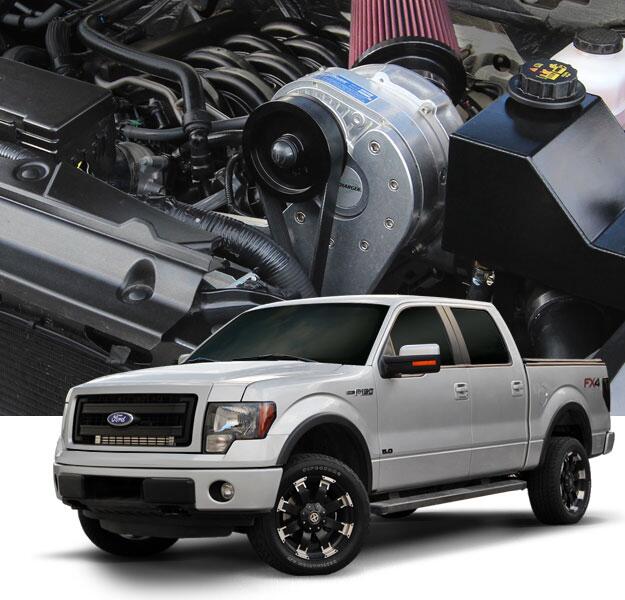 The Stage 2 systems for 5.0L 4V F-150s produce a power gain of up to 65-70% with 8-9 psi, larger fuel injectors and the Stage 2 (race) intercooler.