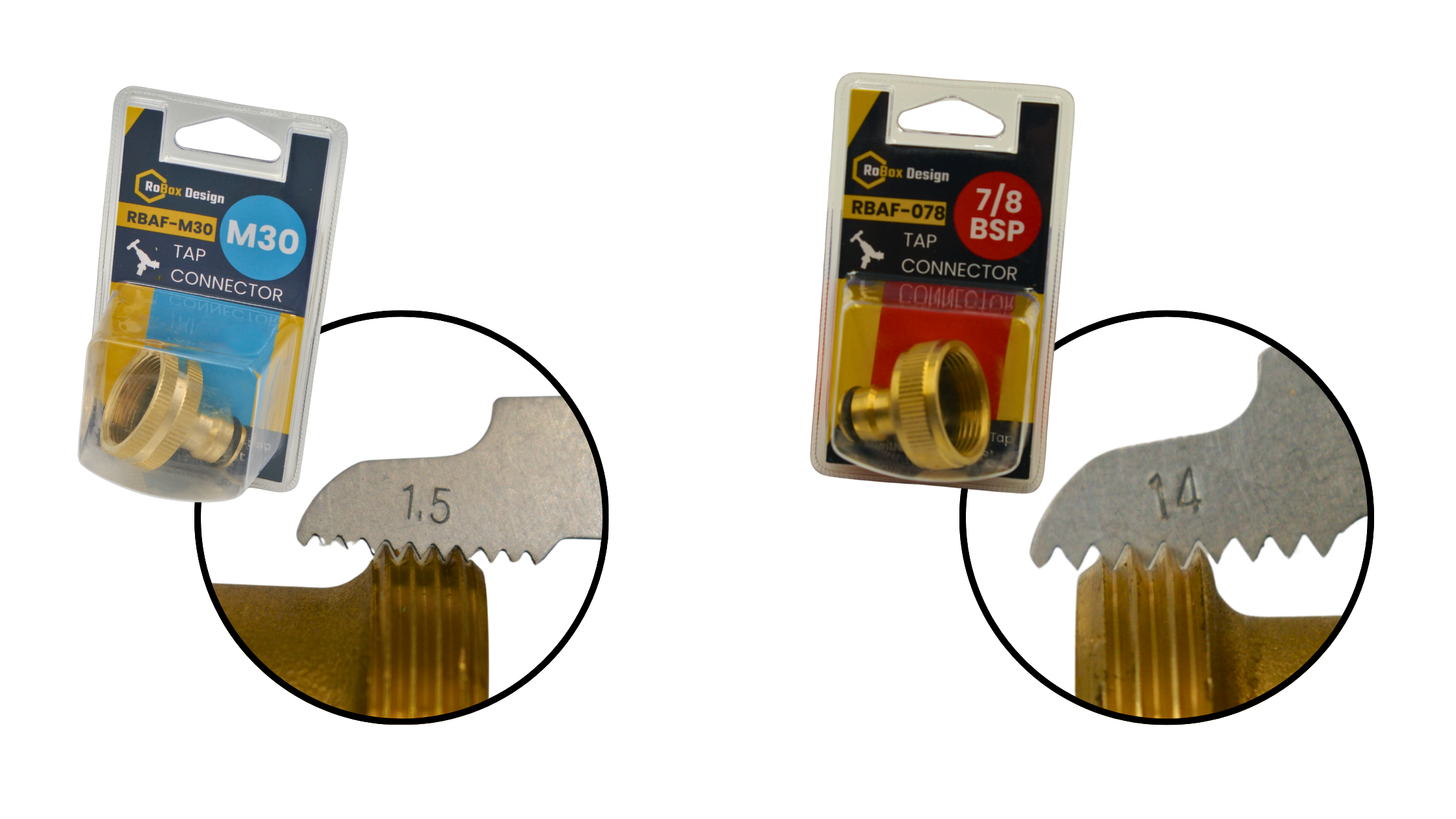 RoBox Design M30 and 7/8 BSP garden tap connectors side by side with thread gauges showing M30 1.5 pitch versus 7/8 BSP 14 TPI – why the 7/8 connector binds on some farmers taps