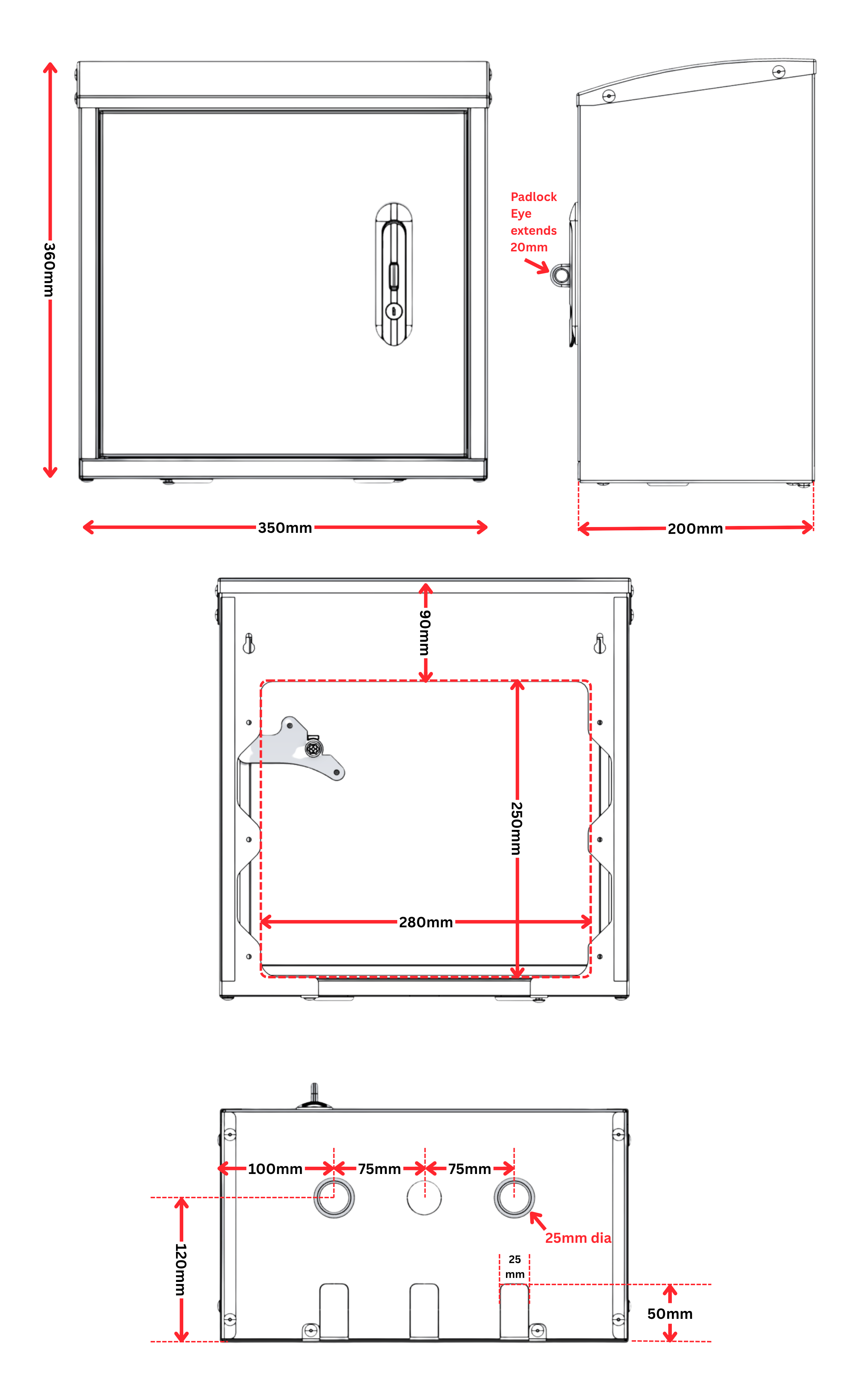 Technical Dimensional Diagram of Robox Insulated XL Large Outdoor Tap Box showing overall size 360mm high x 350mm wide x 200mm deep, internal back opening 280x250mm, 25mm diameter grommet holes and knockouts for pipes – Ideal for double garden taps and irrigation timers UK