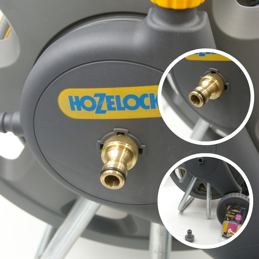 Hozelock hose reel with 5/8 BSP brass tap connector fitted to inlet - garden hose connector for outside taps
