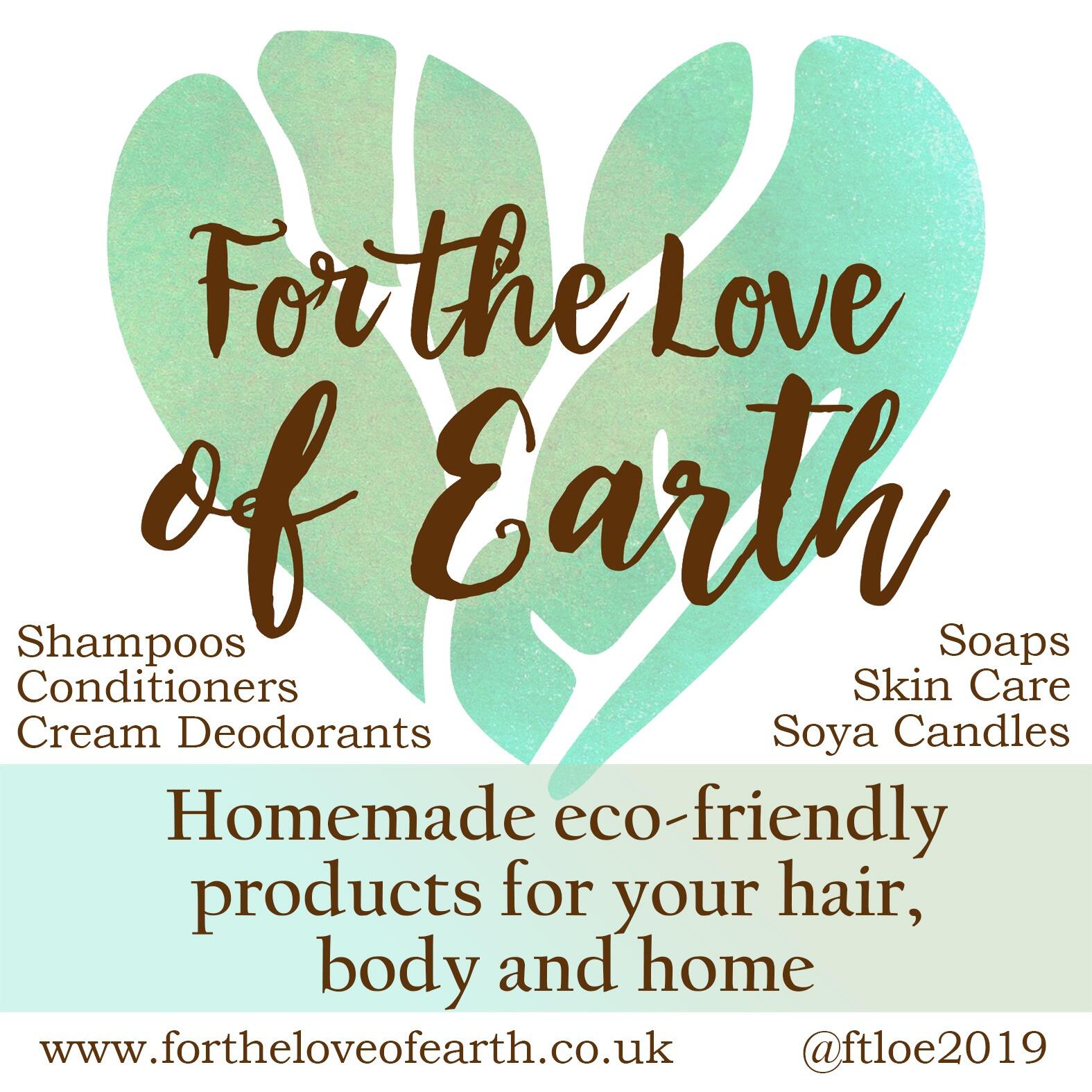 For the Love of Earth logo with text listing products