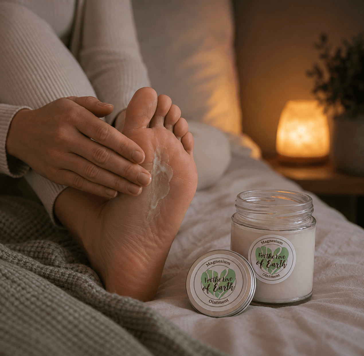 Applying magnesium ointment to soles of feet