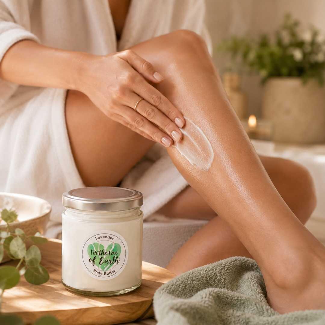 Applying natural body butter to smooth legs