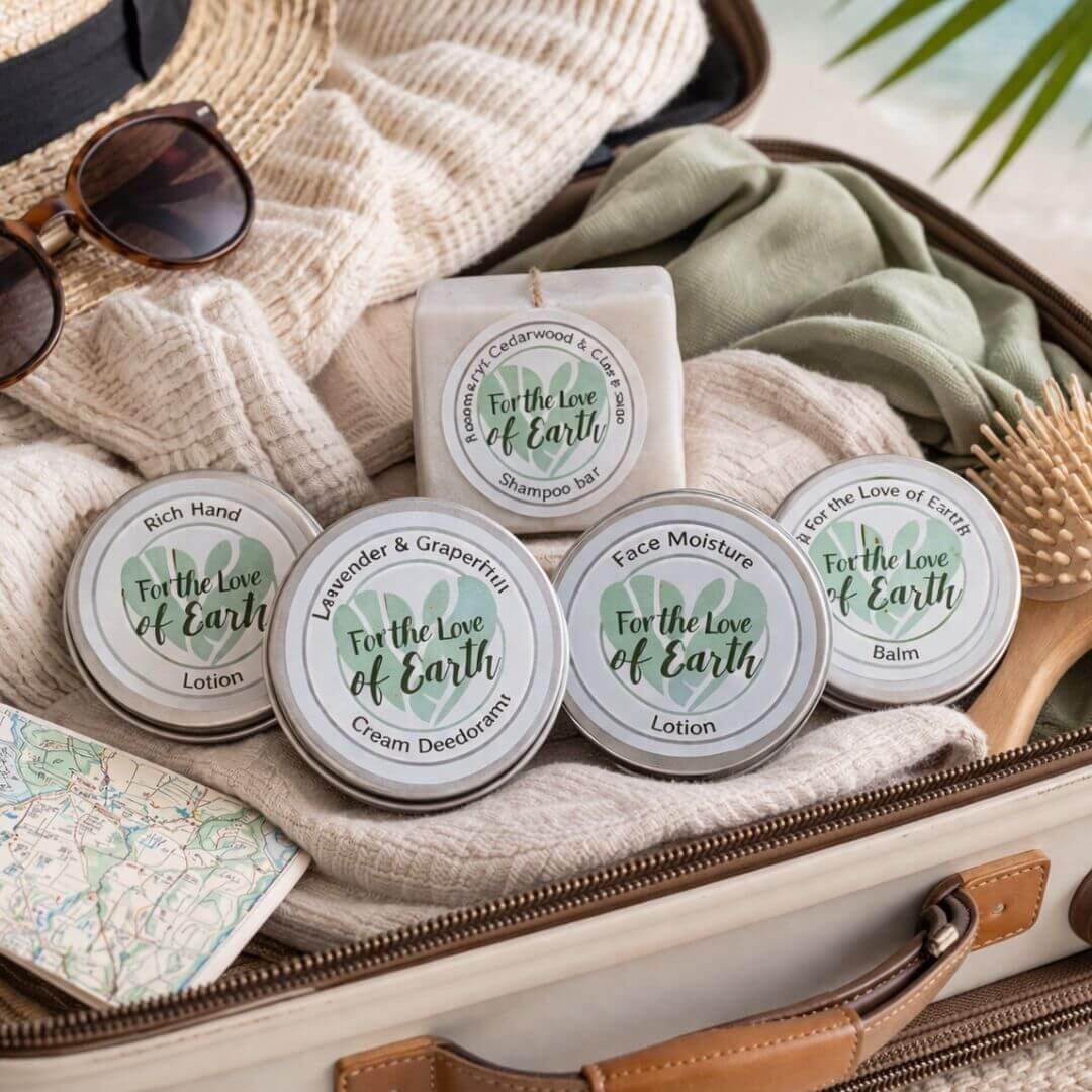 a selection of sustainable travel toiletries next to a case
