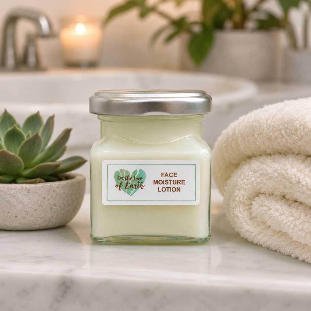 a jar of natural face moisturiser surrounded by plants