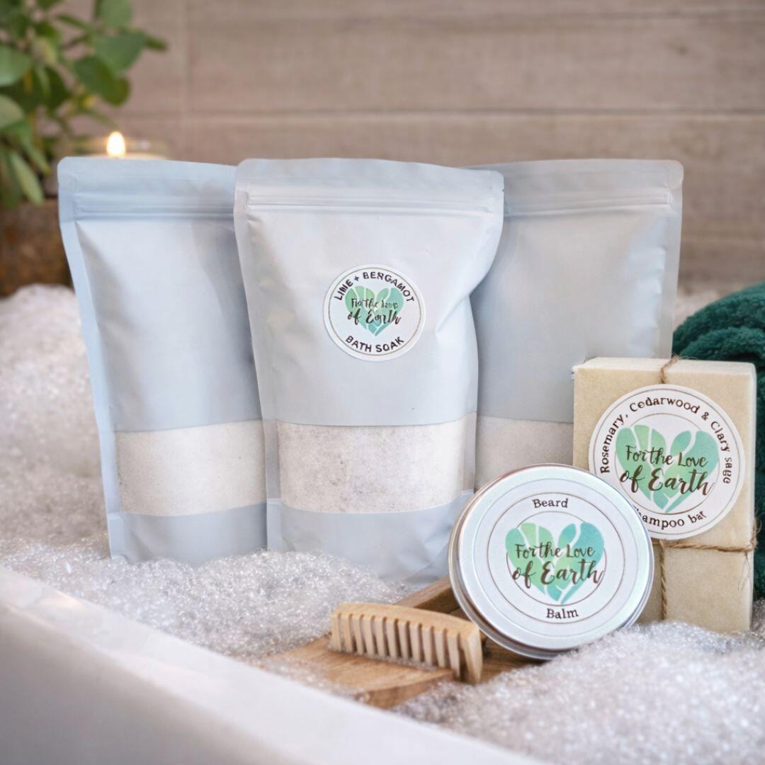 natural bath and hair products in a bathroom setting