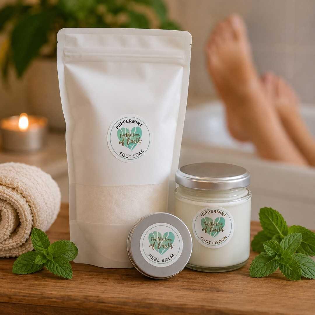 natural footcare bundle with heel balm, foot soak, and foot lotion