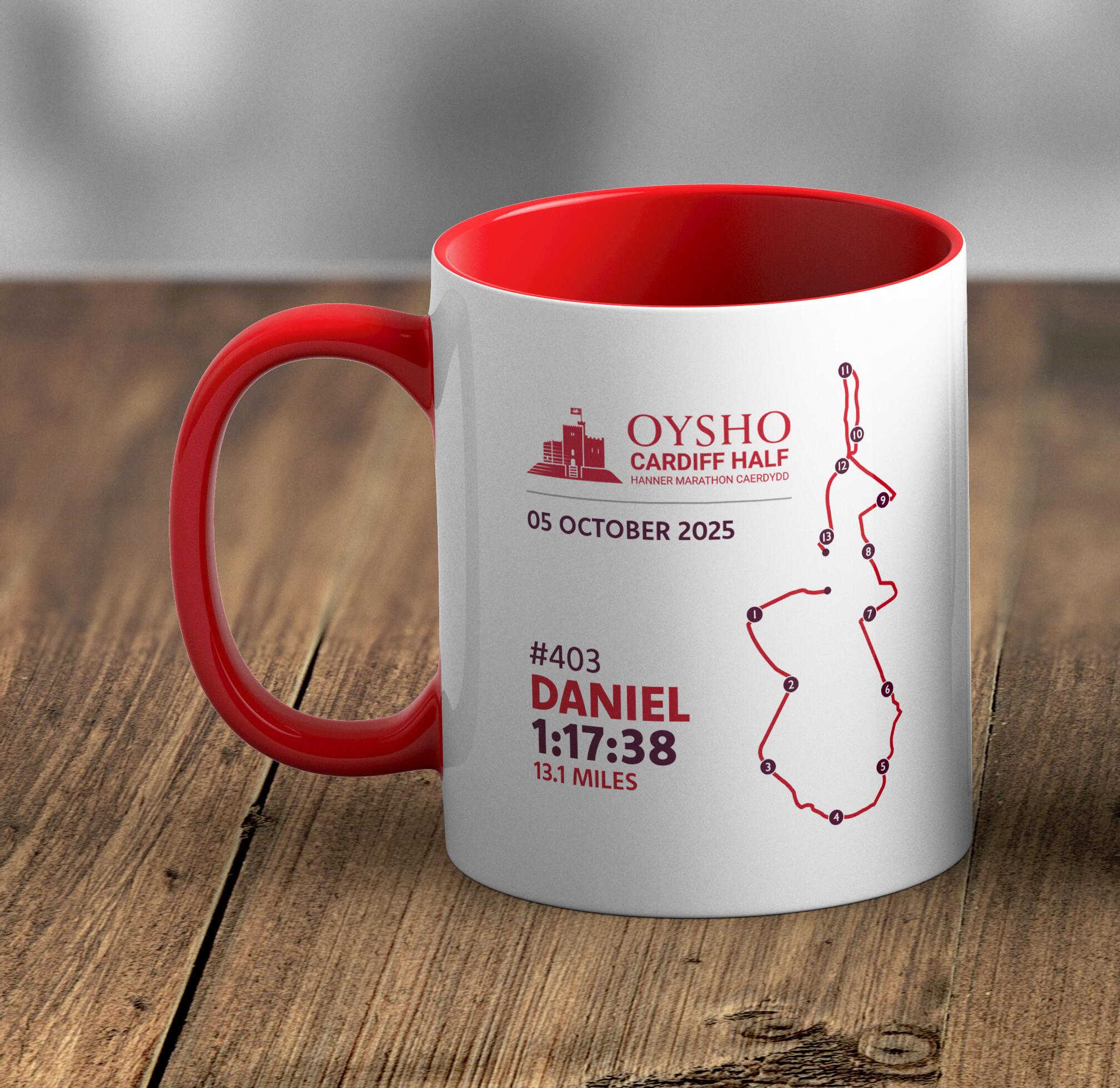 Personalised Cardiff Half Marathon mug with runner name, race number and finish time