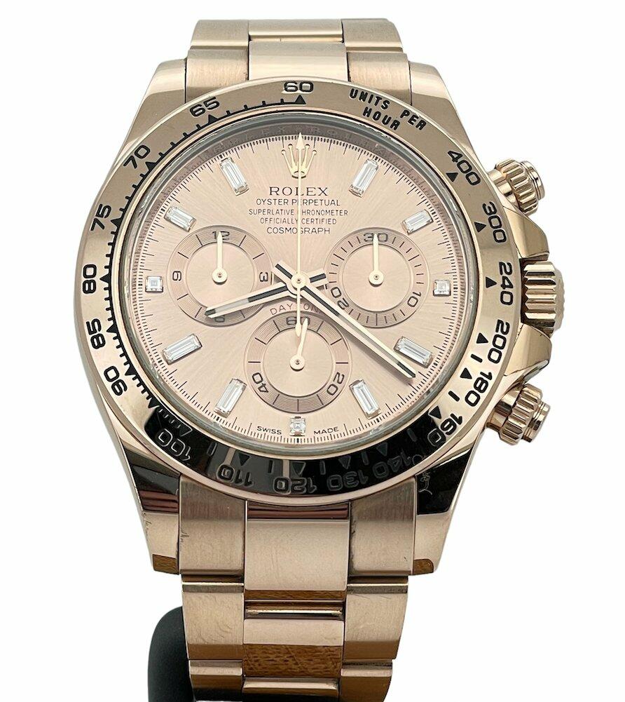 Rolex Daytona 18k Everose with Factory Baguette Diamonds - The Classic Watch Buyers Club Ltd
