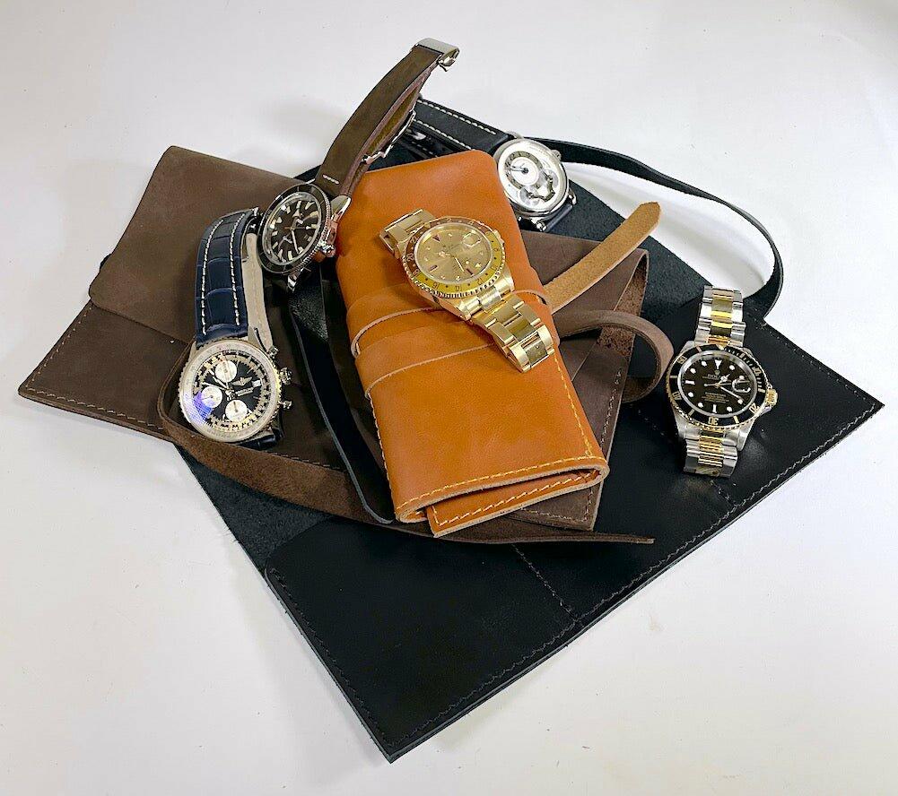 Watch Roll for 3 Watches with Strap Fastening in Brown Leather - The Classic Watch Buyers Club Ltd
