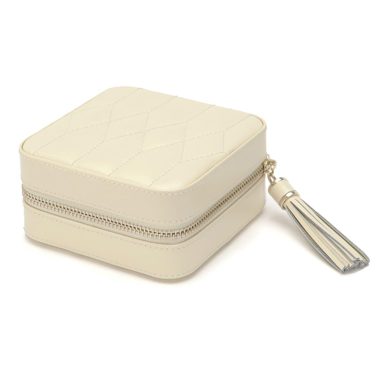 Wolf Caroline Quilted Leather Zip Travel Jewellery Case in Ivory - The Classic Watch Buyers Club Ltd