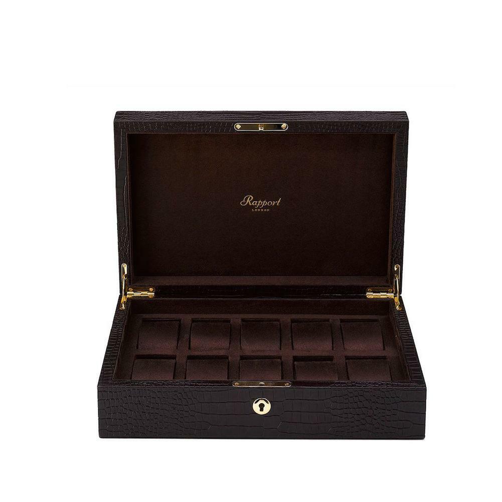 Rapport Brompton Crocodile Pattern Brown Leather clad wooden 10 Watch Collector Box - The Classic Watch Buyers Club Ltd