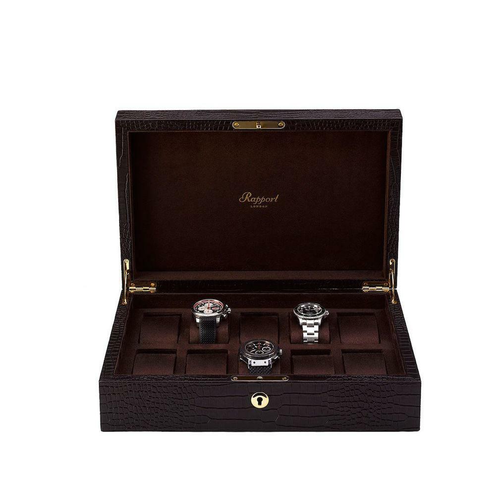 Rapport Brompton Crocodile Pattern Brown Leather clad wooden 10 Watch Collector Box - The Classic Watch Buyers Club Ltd