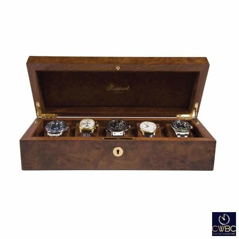 Rapport Wooden Burr Walnut 5 Watch Box with Luxurious Suede Lining - The Classic Watch Buyers Club Ltd