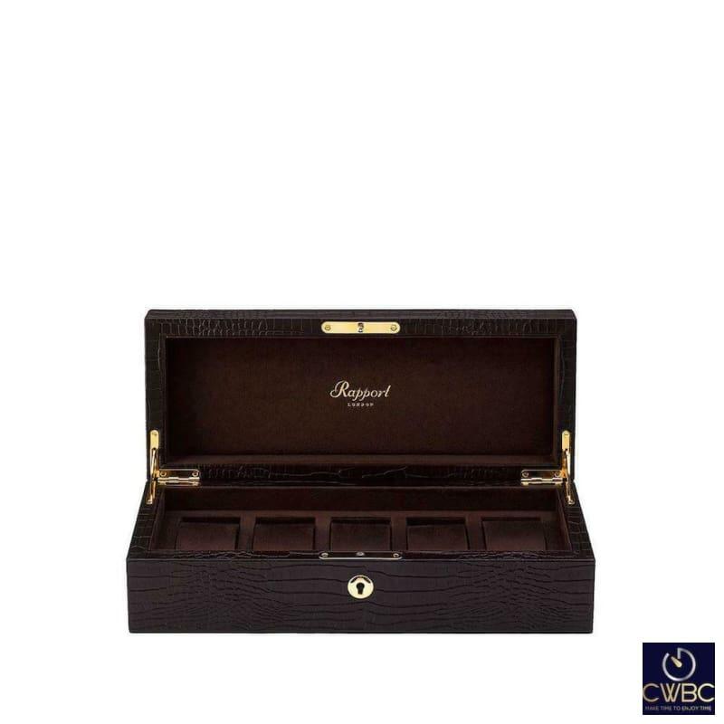 Rapport Solid Wood with Crocodile Pattern Brown Leather 5 Watch Collector Box - The Classic Watch Buyers Club Ltd