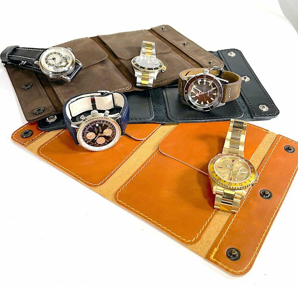 Watch Roll for 2 Watches with Pop Fasteners in Tan Leather - The Classic Watch Buyers Club Ltd