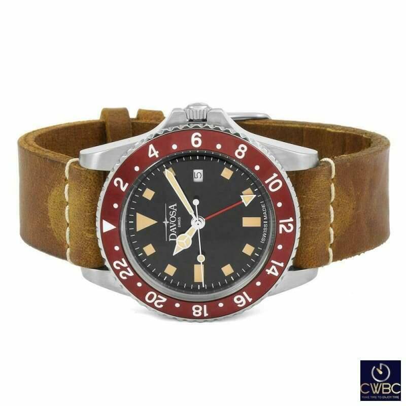 Davosa Vintage Diver GMT Brown Strap Burgundy & Black Face Wrist Watch - The Classic Watch Buyers Club Ltd