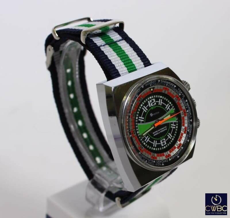 System - *World Time* Super Datomatic Men's Diver - Asymmetrical Big Case - from the 1970s - The Classic Watch Buyers Club Ltd