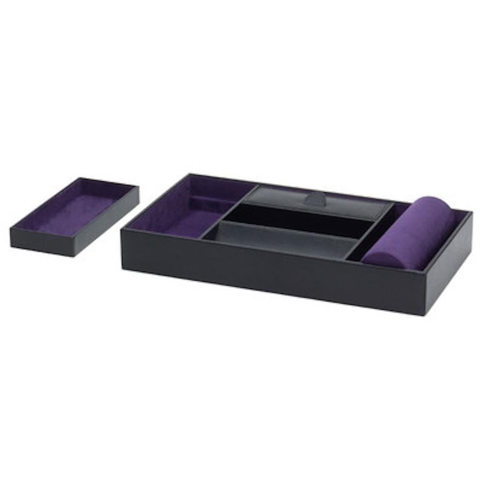 Wolf Blake Pebble Black Leather Valet Tray with Cuff & Contrasting Purple Lining - The Classic Watch Buyers Club Ltd