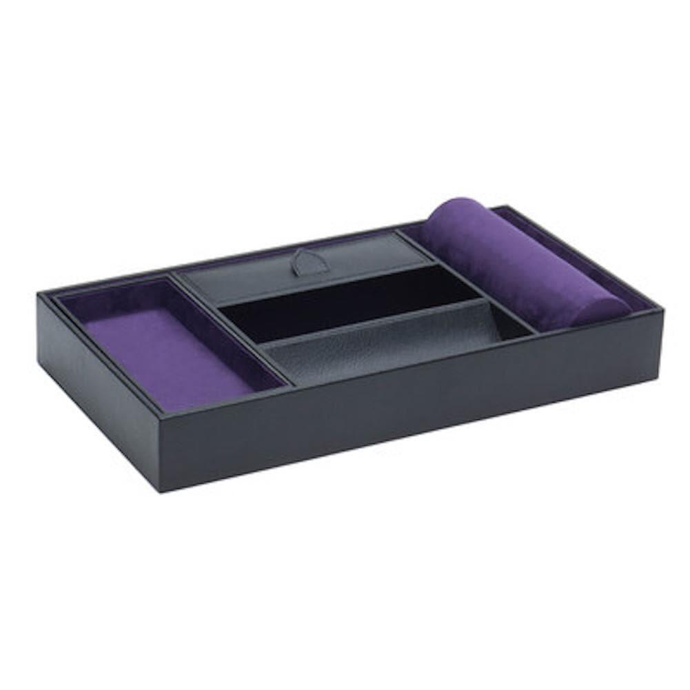 Wolf Blake Pebble Black Leather Valet Tray with Cuff & Contrasting Purple Lining - The Classic Watch Buyers Club Ltd