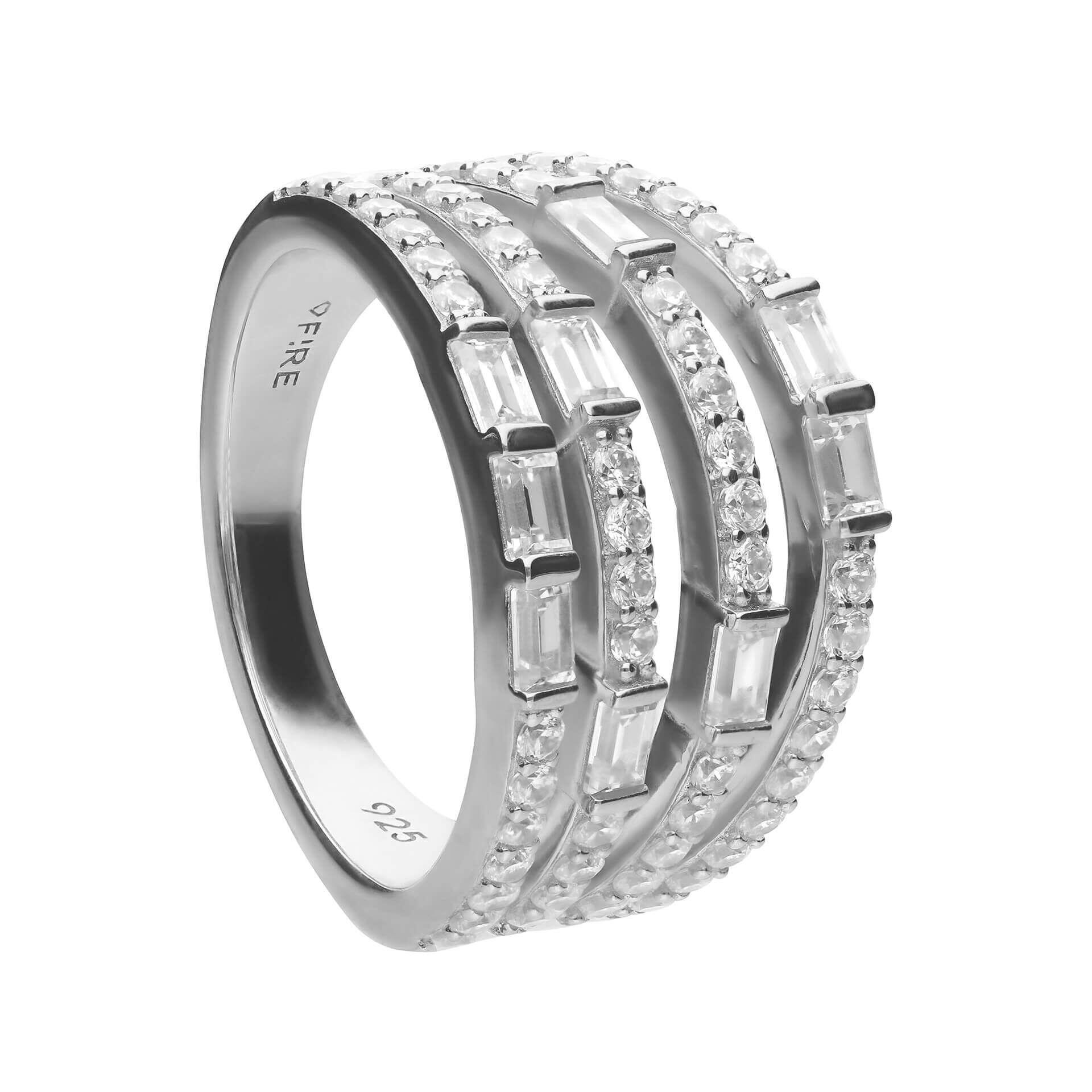 Diamonfire® 1.14ct Multi-Band Statement Ring with baguette and round-cut zirconia stones, set in sterling silver with triple plating, presented in exclusive Diamonfire® silk packaging with a luxury gift box and bag.