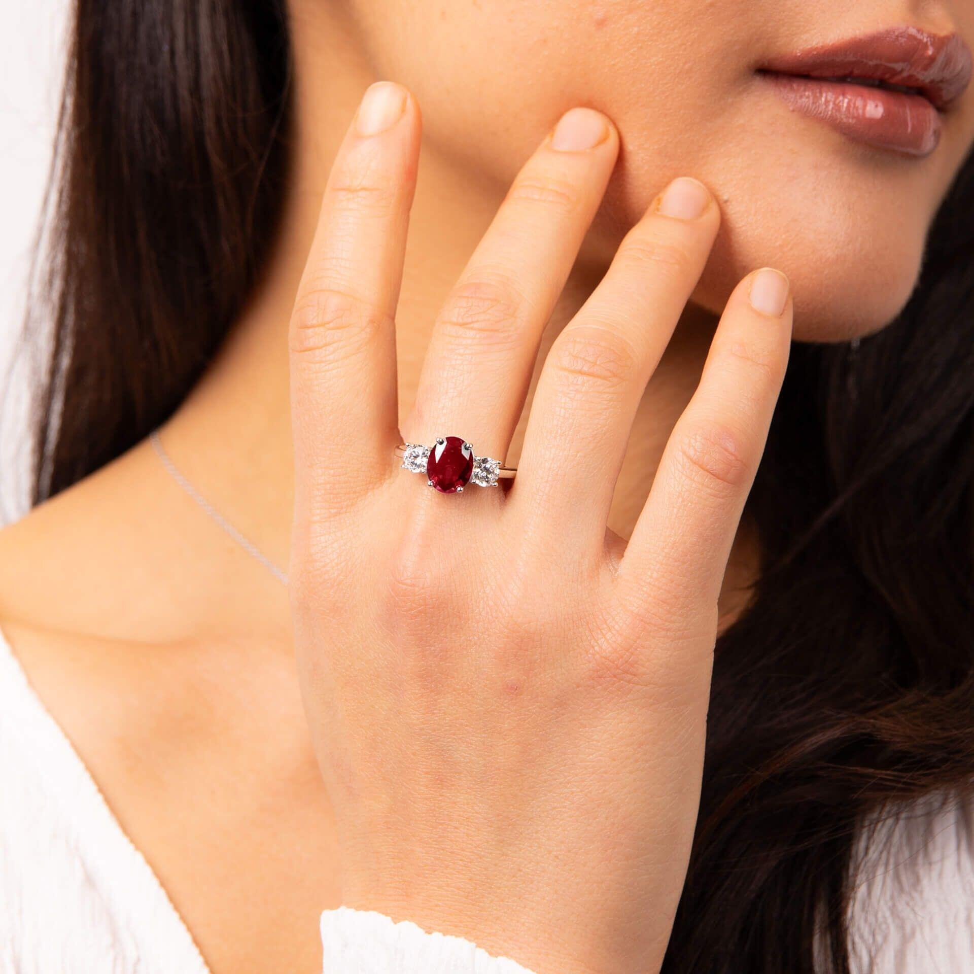 Diamonfire™ 5.70ct Oval Ruby Zirconia Trilogy Ring in Sterling Silver with Triple Plating, Certified Skin Safe, Featuring a Rich Ruby-Red Centre Stone