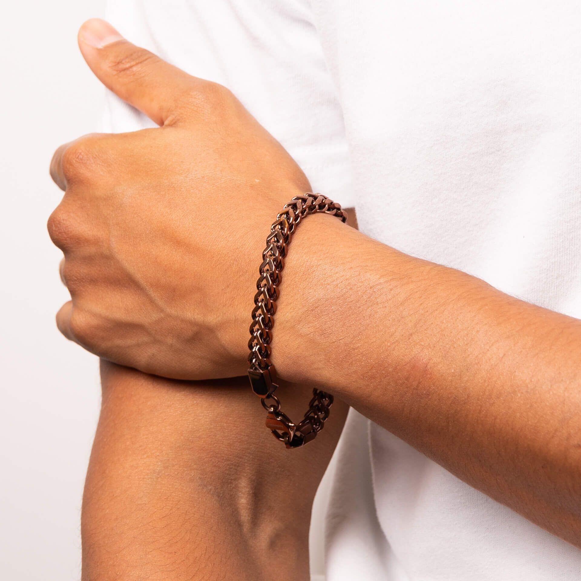 "fredbennett® Coffee Plated Box Chevron Bracelet – A bold and refined men’s bracelet crafted from stainless steel with a rich coffee plated finish and modern box chevron link design. AnchorCert® certified and presented in luxury suede packaging from Gold and Diamonds."