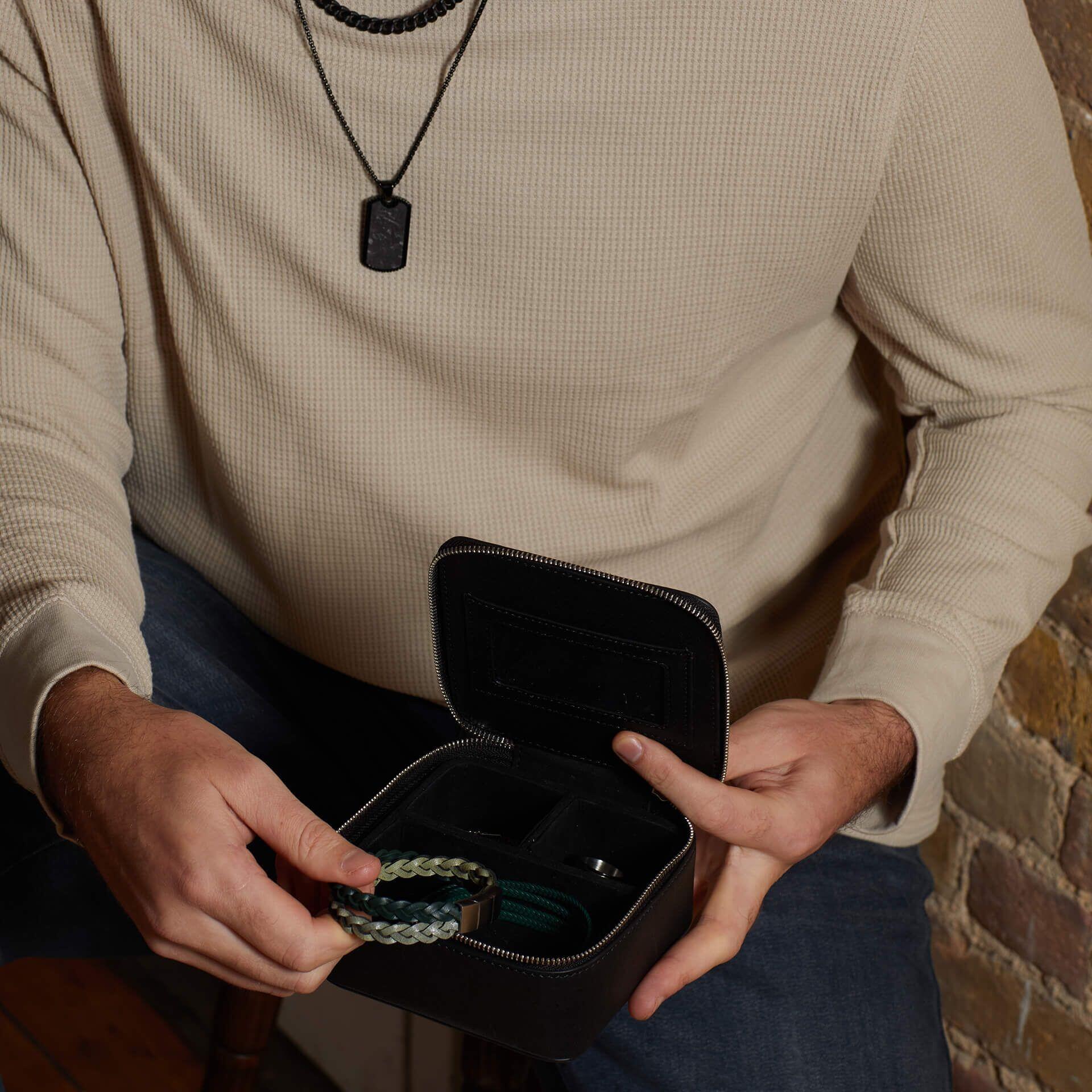 "fredbennett® Personalised Black Leather Jewellery Box – A stylish men’s leather jewellery box with plush compartments and free laser engraving, perfect for grooms, groomsmen, and milestone gifts. Available at Gold and Diamonds."