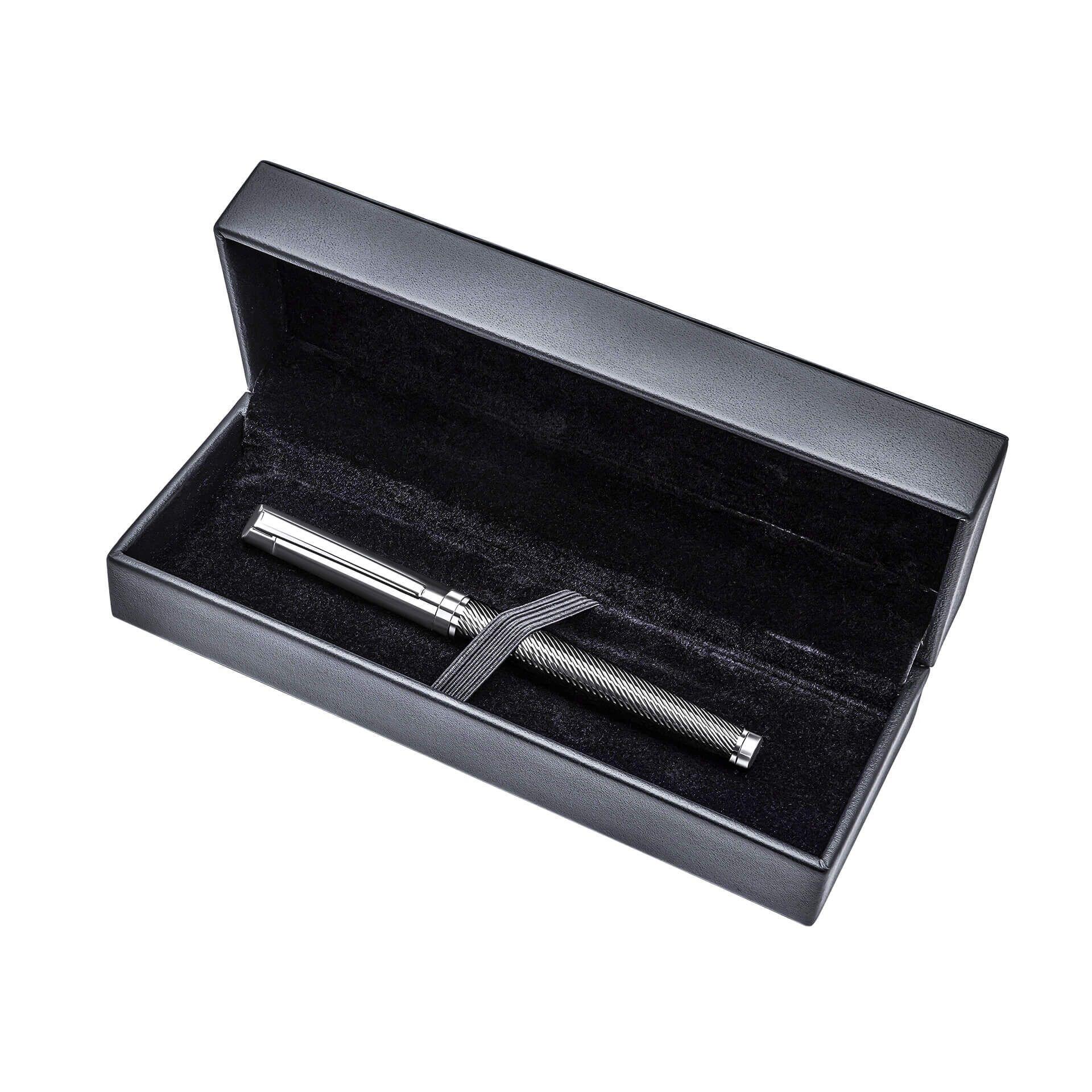 "fredbennett® Engravable Stainless Steel Ballpoint Pen with silver and gunmetal finish, presented in a genuine leather gift box – both pen and box engravable for a meaningful and sophisticated gift. Available at Gold and Diamonds."