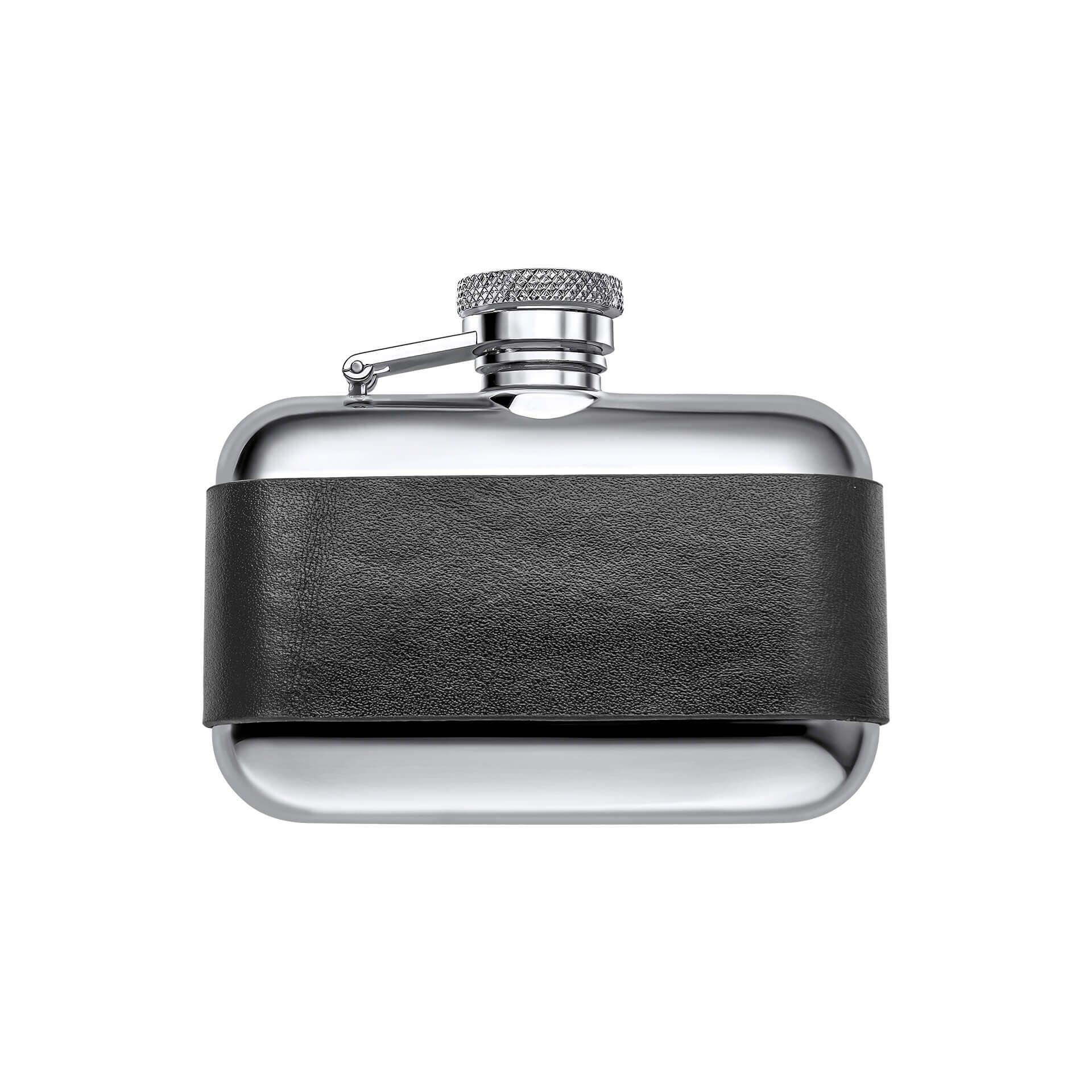 "fredbennett® 3oz Stainless Steel and Black Leather Hip Flask – a rugged, compact flask with free engraving on the leather wrap. The perfect personalised gift for nature lovers, best men, or Father’s Day. Available at Gold and Diamonds."