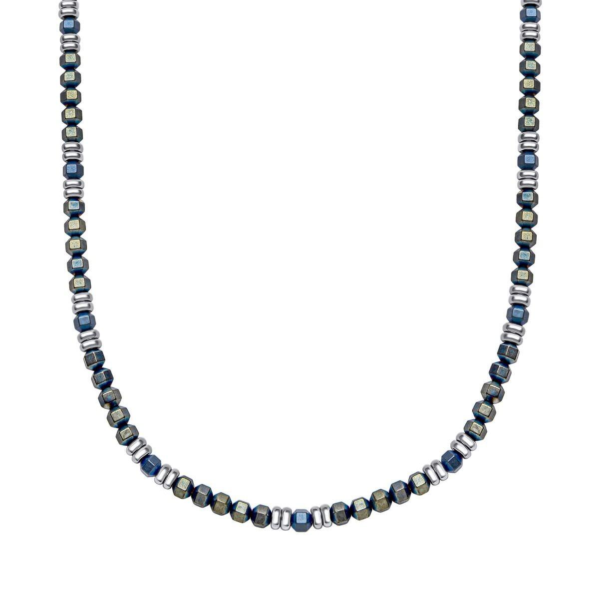"fredbennett® Blue Hematite Bead Necklace – features natural blue and green hematite beads with stainless steel accents, inspired by nature’s calm and depth. Skin-safe and presented in a suede pouch from Gold and Diamonds."