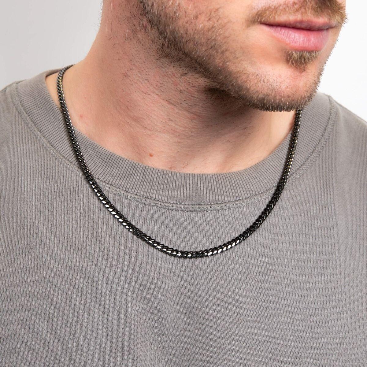 "fredbennett® Recycled Sterling Silver Gunmetal Cuban Link Chain – bold and sustainable men’s necklace with refined gunmetal finish. Skin-safe and presented in a suede pouch from Gold and Diamonds."