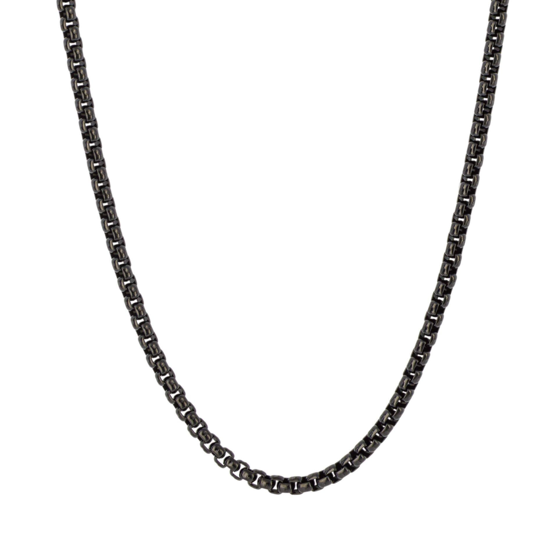 "fredbennett® Black IP Stainless Steel Box Chain Necklace – bold interlocking chain symbolising unity, with sleek black finish and 61cm length. Skin-safe and presented in a suede pouch from Gold and Diamonds."