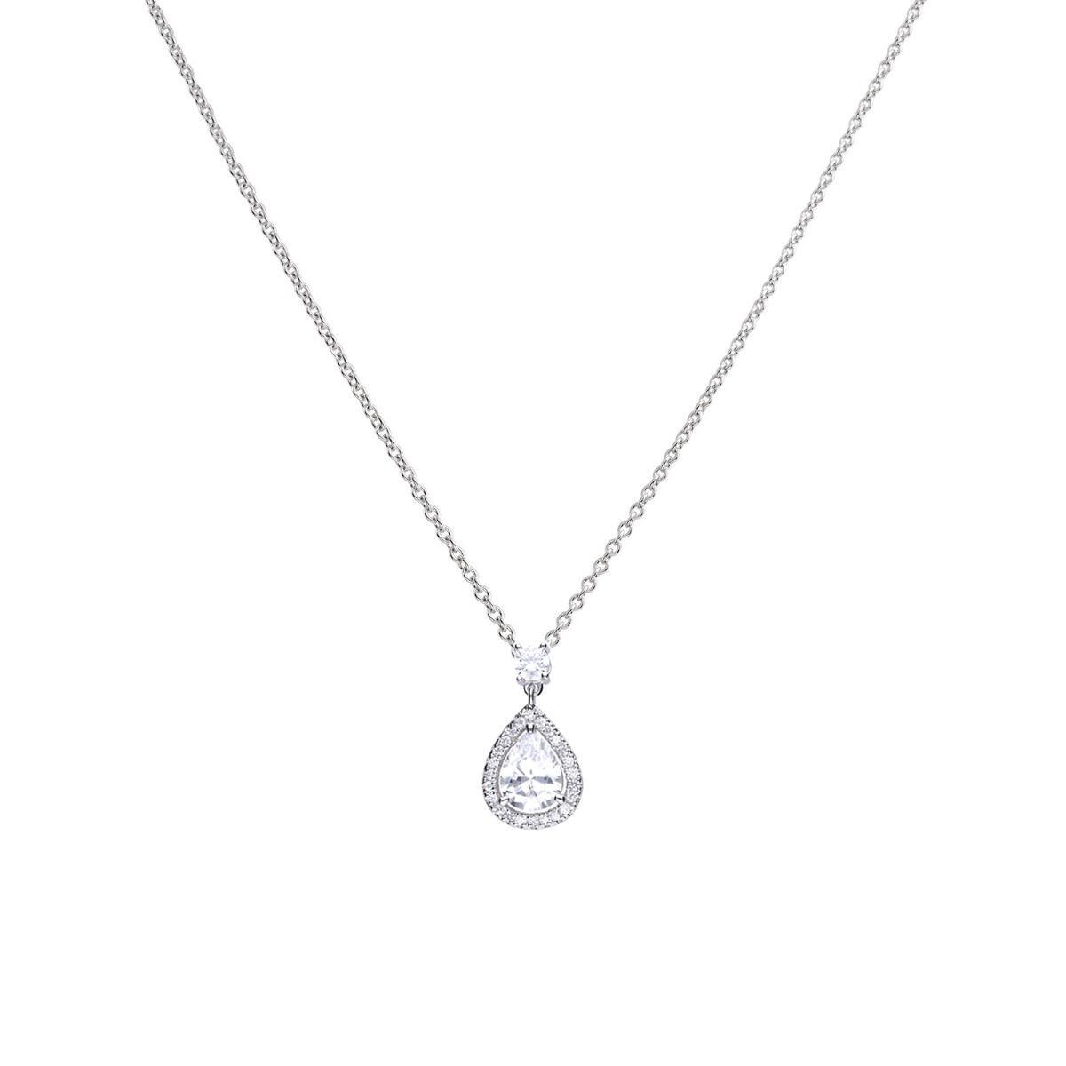 "Diamonfire® 2.33ct Teardrop-Shaped Zirconia Pendant in triple plated sterling silver, 57-facet stone, AnchorCert Pro certified skin safe, presented in luxury silk packaging with gift bag—perfect for brides and formal occasions."