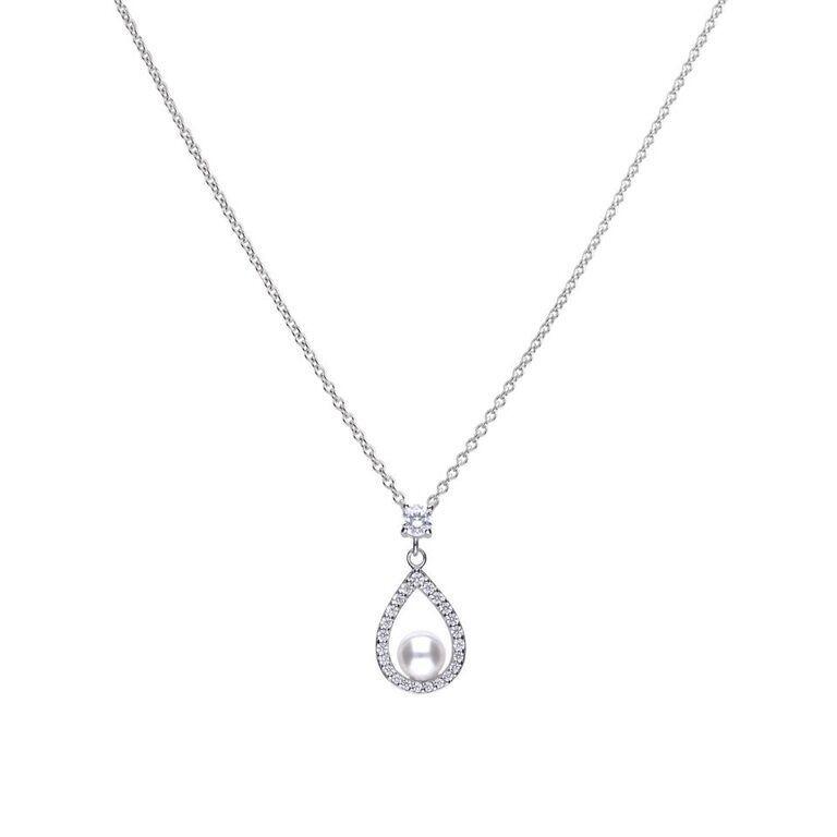 "Diamonfire® Teardrop Pendant with white shell pearl and 0.55ct zirconia, crafted in triple plated sterling silver, 57-facet brilliance, AnchorCert Pro certified skin safe, presented in luxury silk packaging with gift bag—perfect for weddings and elegant occasions."