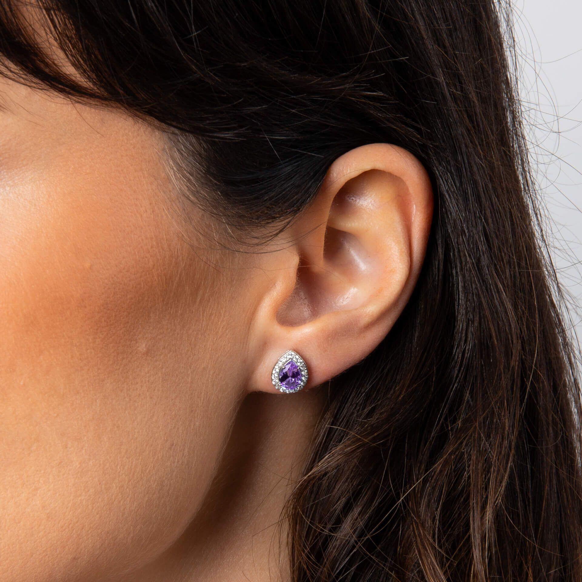 Diamonfire® Amethyst Purple Halo Teardrop Zirconia Stud Earrings in Triple Plated Sterling Silver – Elegant Jewellery by Gold and Diamonds