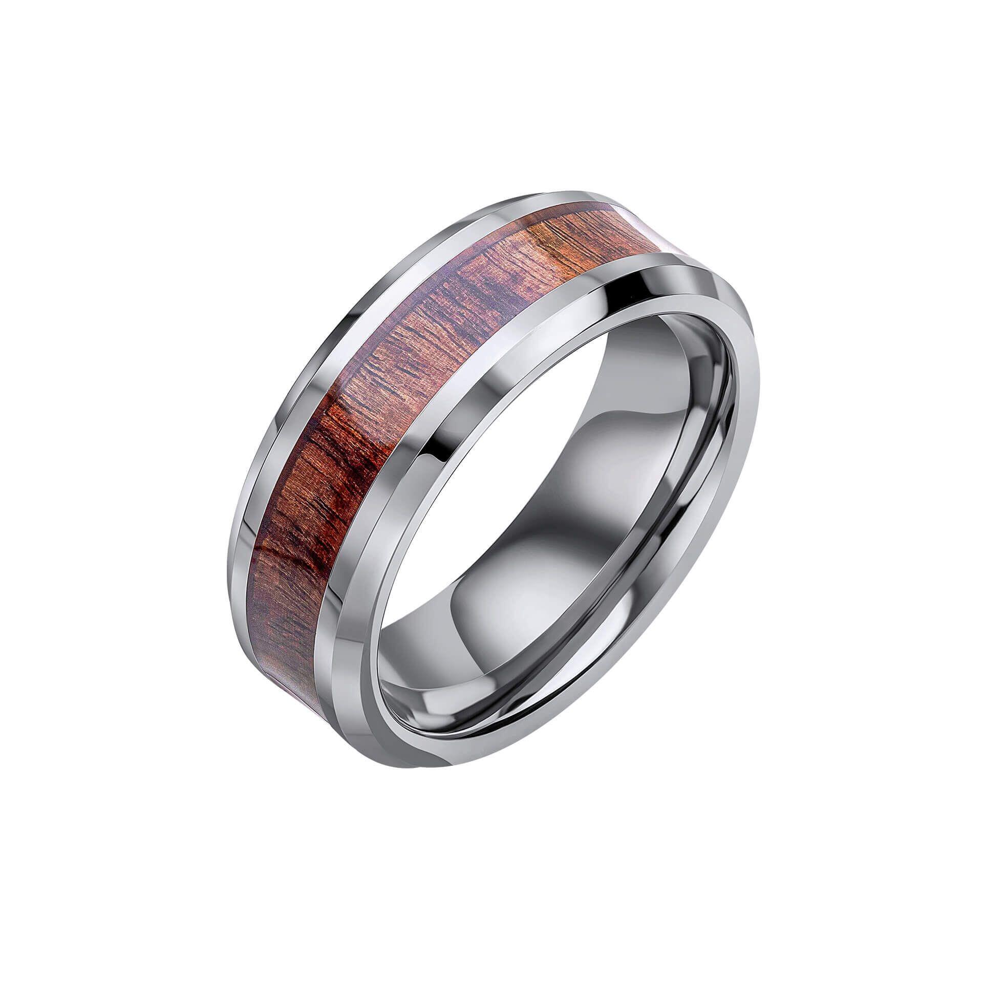 Fred Bennett™ Brown Wood Inlay Tungsten Ring - Men's Durable Wedding Band with Polished Edges and Natural Wood Detail
