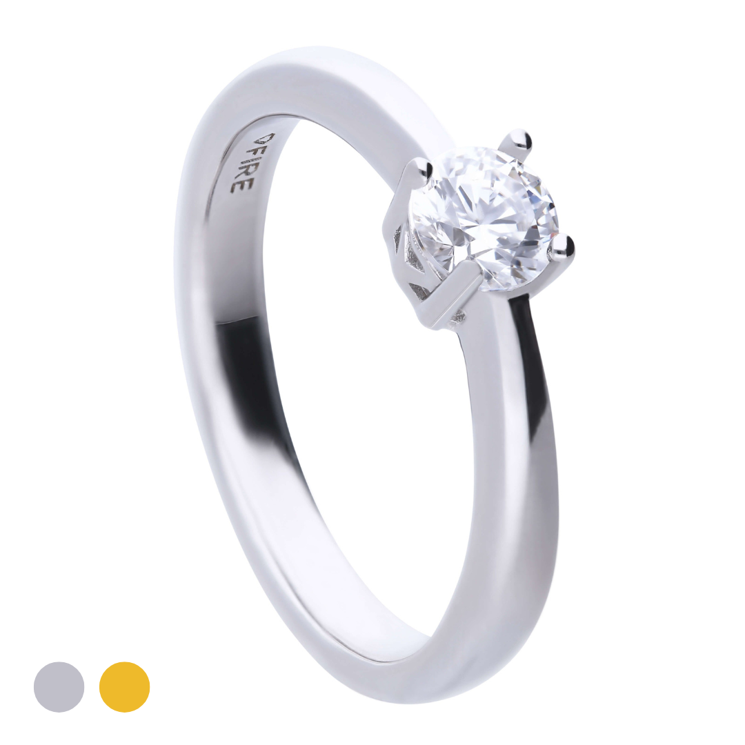 Diamonfire® 0.50ct Solitaire Ring with 4 Claw Setting in Sterling Silver, available in Platinum or 24K Gold Plated Triple Finish, presented in exclusive Diamonfire® silk packaging with a luxury gift box and bag.