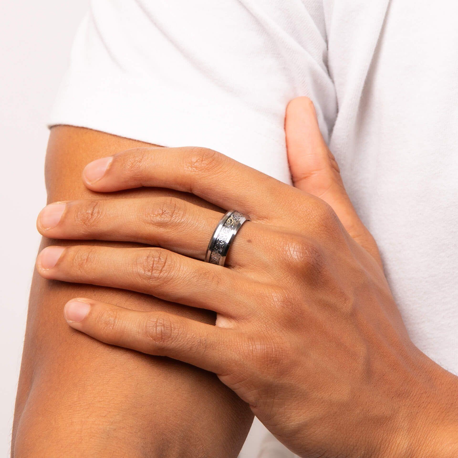 "8mm Flat Tungsten Ring with polished edges and stainless steel filigree detail at the centre, AnchorCert Pro certified skin safe, by fredbennett®."