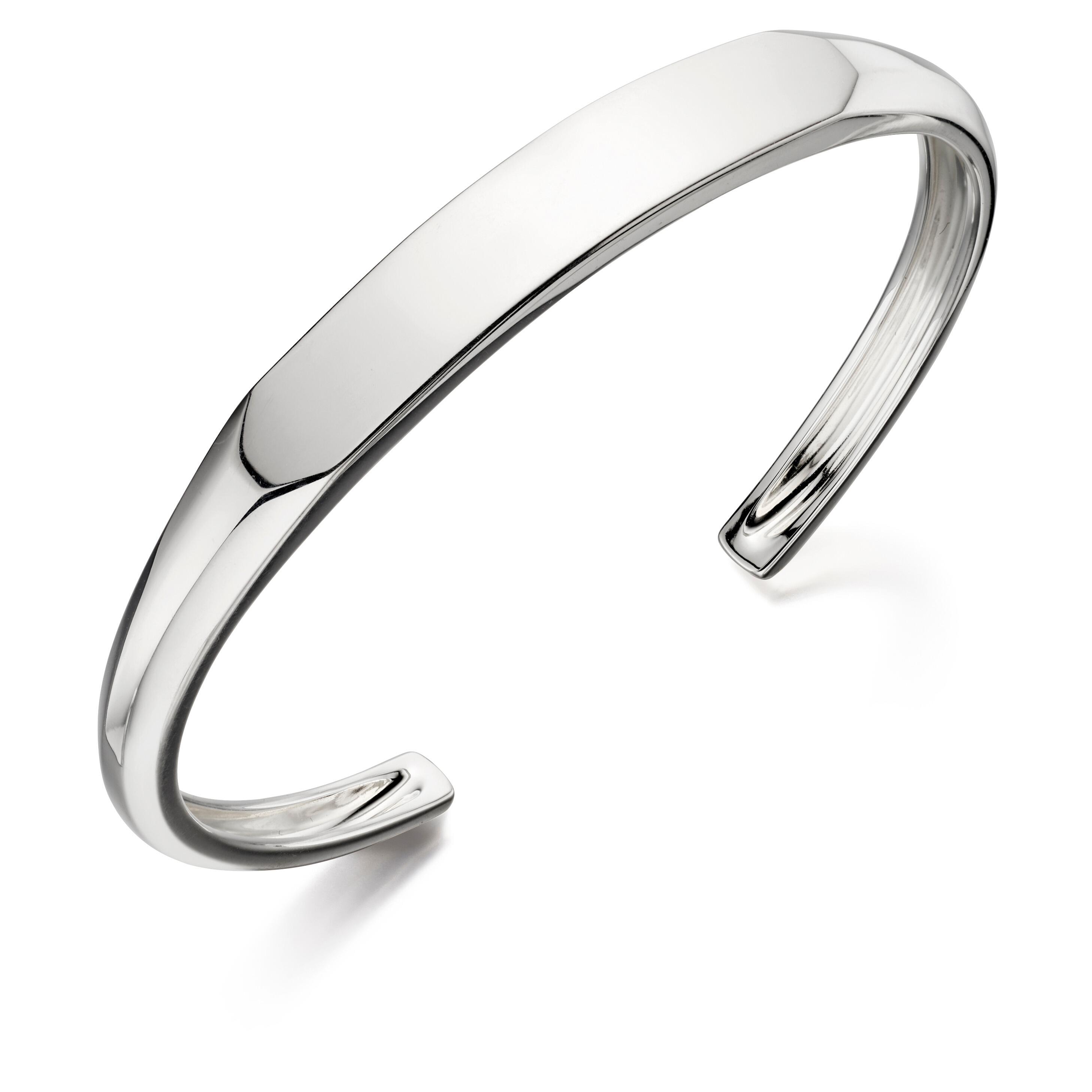 "Engravable flat top bangle in solid sterling silver by fredbennett®, weighing over 30 grams, featuring free engraving service and AnchorCert Pro certified skin safe, presented in a branded premium suede pouch in a branded gift box."