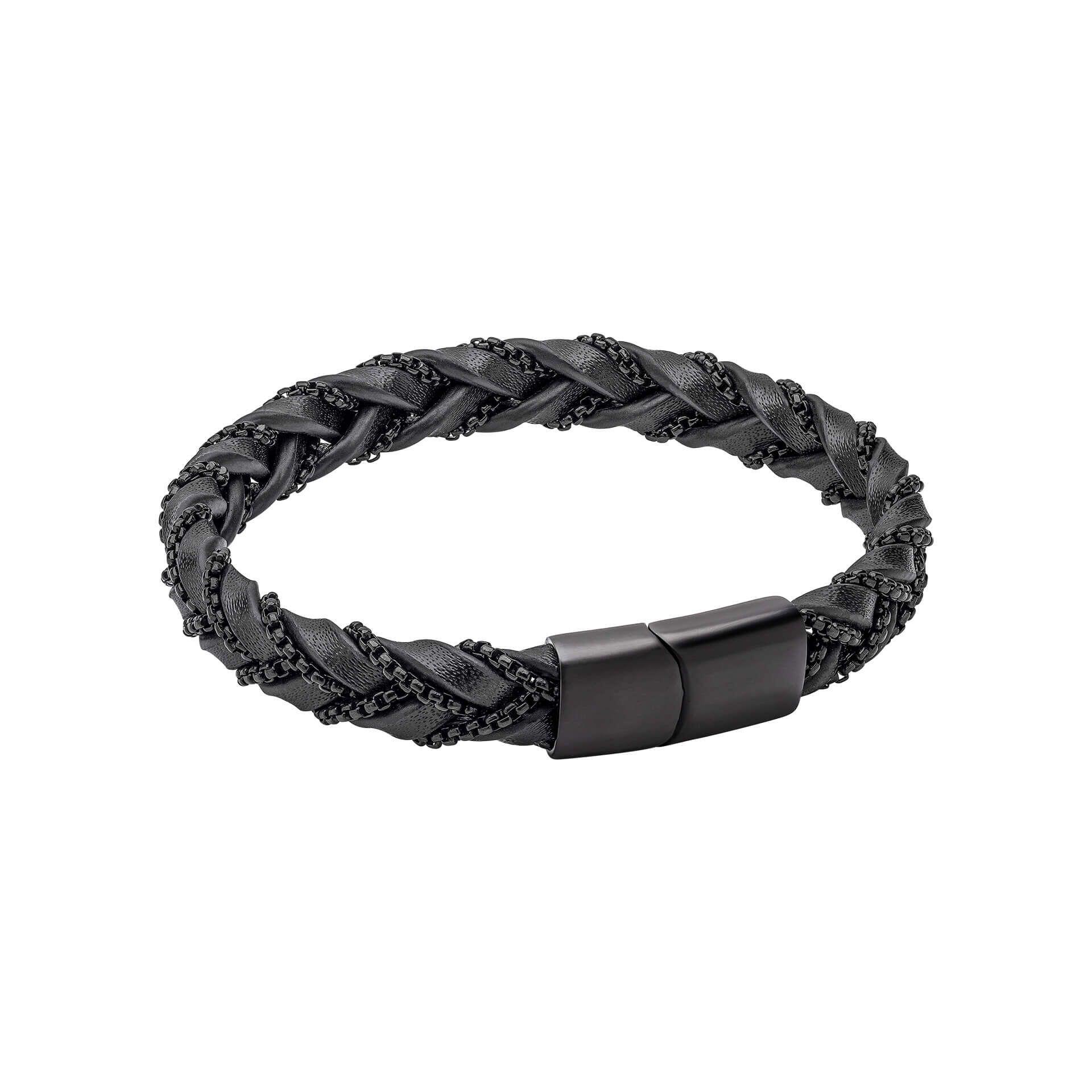 "fredbennett® Chain Plait Black Leather Bracelet – Genuine black braided leather bracelet with a sleek black stainless steel clasp. A bold yet refined men’s accessory, designed for durability, style, and versatility. AnchorCert® certified and presented in luxury suede packaging from Gold and Diamonds."
