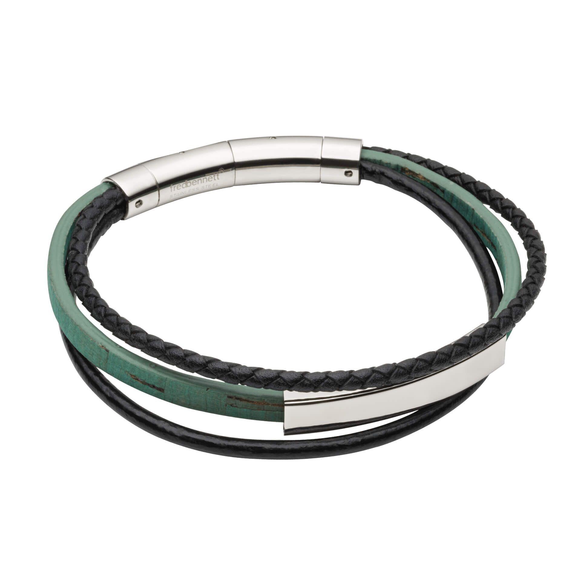 "fredbennett® Multi-Row Green Cork & Black Leather Bracelet – A stylish and eco-friendly men’s bracelet crafted from green cork and black leather, featuring an engravable stainless steel ID bar and a secure double push-button clasp. Free engraving available for custom text or handwritten messages. AnchorCert® certified and presented in luxury suede packaging from Gold and Diamonds."
