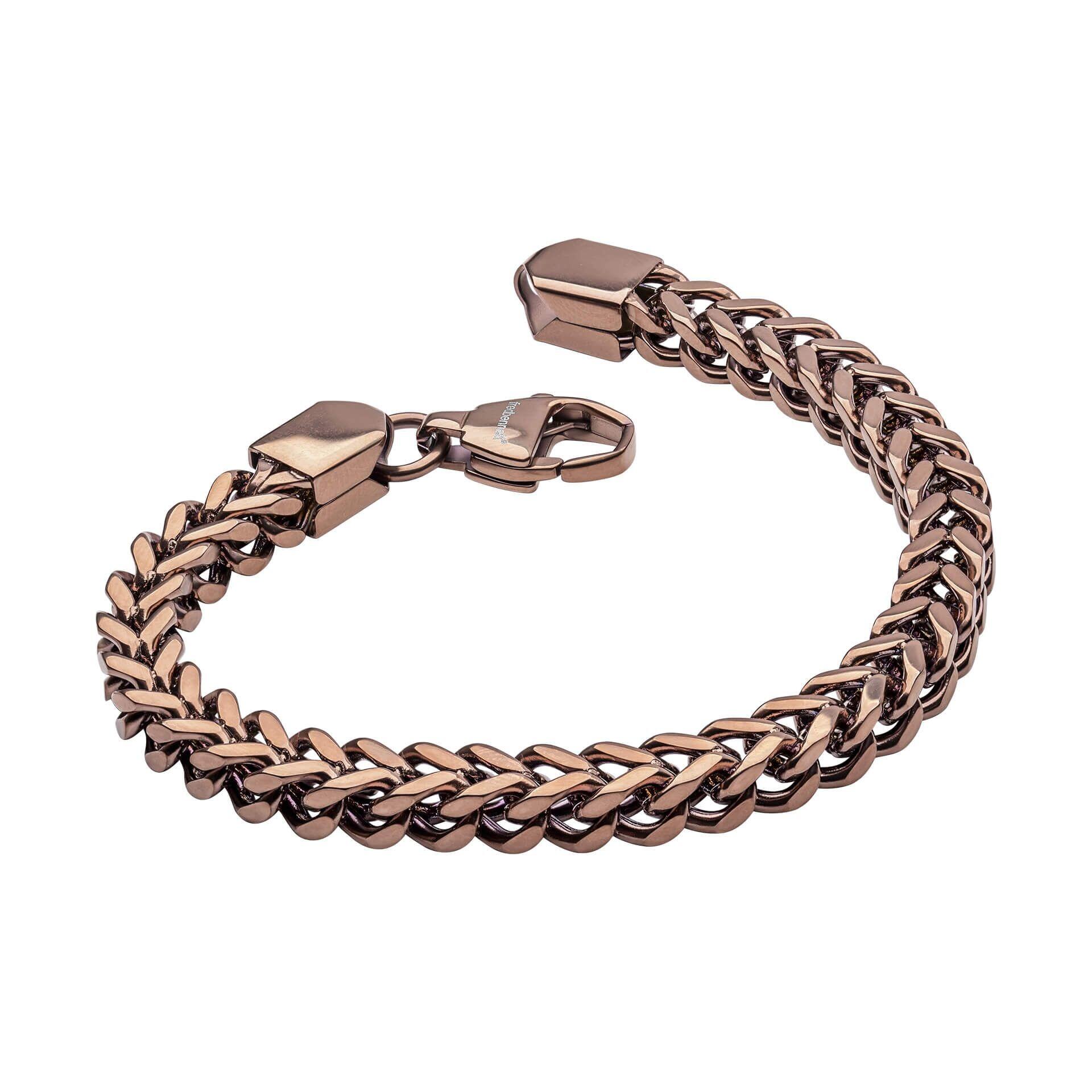 "fredbennett® Coffee Plated Box Chevron Bracelet – A bold and refined men’s bracelet crafted from stainless steel with a rich coffee plated finish and modern box chevron link design. AnchorCert® certified and presented in luxury suede packaging from Gold and Diamonds."